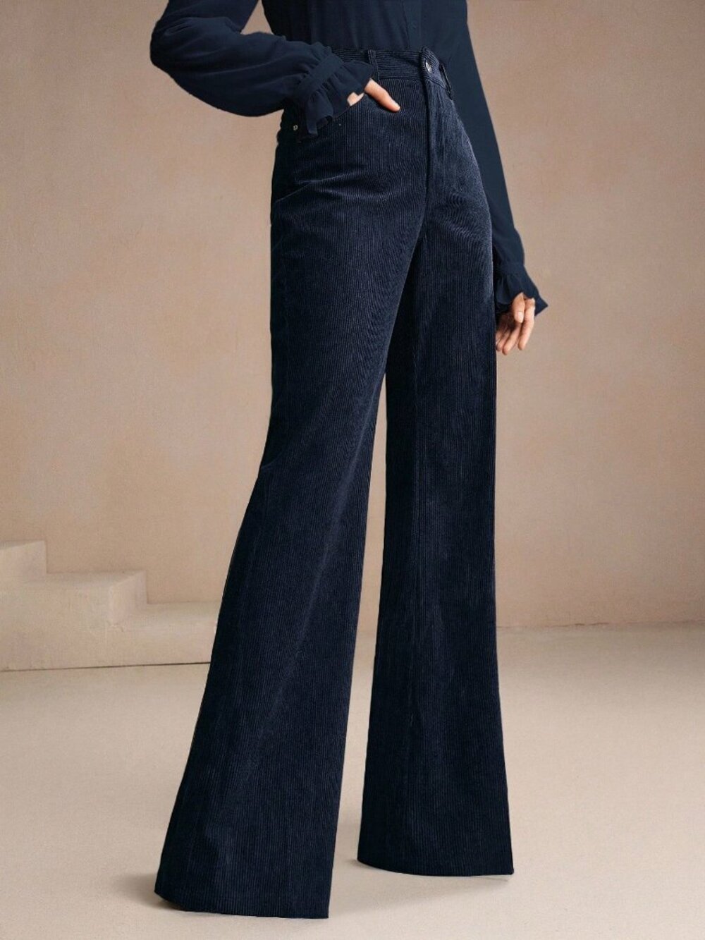 Navy Blue Casual Women's Corduroy Flared Pants With Rivet Pockets